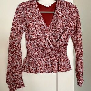 Floral Red Blouse, small light blue flowers